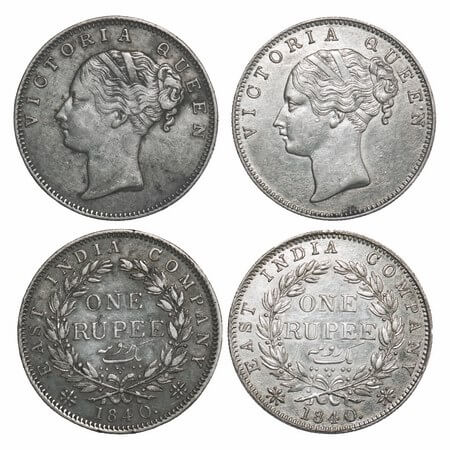 Victoria Queen, Silver, Rupee, 1840 (2 coins), CL, 1) Calcutta Mint, A/I, English Head, Wi