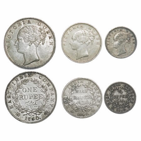 Victoria Queen, Silver, 1840 (3 coins), CL, Calcutta Mint, 1) Rupee, A/I, English Head, wi