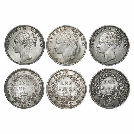 Victoria Queen, Silver, Rupee, 1840 (3 coins), CL, Calcutta Mint, 1 & 2) B/VI, With 'M' in