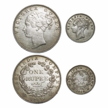 Victoria Queen, Silver, 1840, (2 coins), CL, 1) Rupee, Madras Mint, A/IV, 'S' incused and 