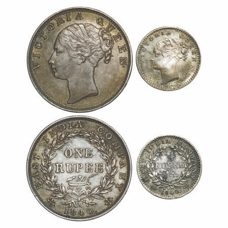 Victoria Queen, Silver, 1840, (2 coins), CL, 1) Rupee, Madras Mint, B/VII, 'S' incused, En