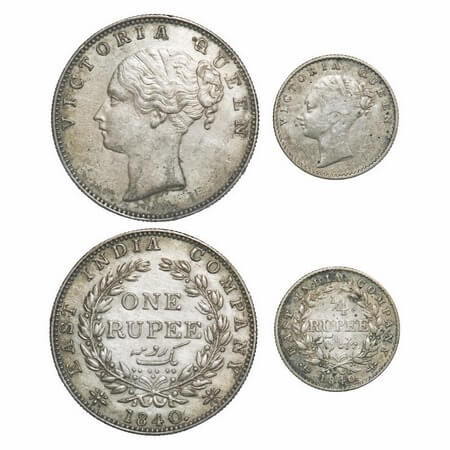 Victoria Queen, Silver, 1840, (2 coins), CL, 1) Rupee, Bombay Mint, A/IV, english Head, Wi