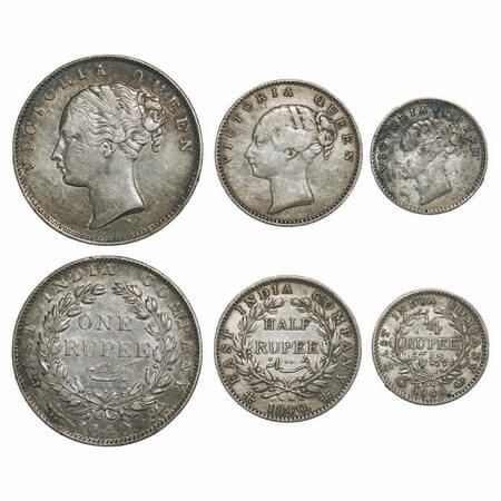 Victoria Queen, Silver, 1840 (3 coins), CL, 1) Rupee, Bombay Mint, A/IV, English Head, wit