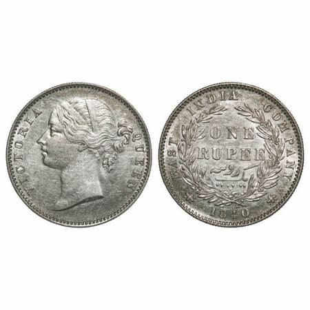 Victoria Queen, Silver, Rupee, 1840, DL, Calcutta Mint, W.W. raised, Wreath with 28 Berrie