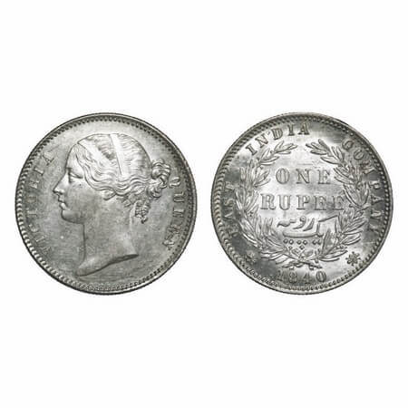 Victoria Queen, Silver, Rupee, 1840, DL, Calcutta Mint, W.W. raised, Wreath with 28 Berrie