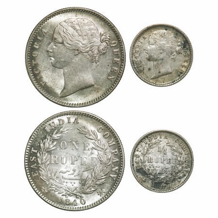 Victoria Queen, Silver, 1840, (2 coins), DL, Calcutta Mint, 1) Rupee, W.W. raised, Wreath 