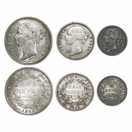 Victoria Queen, Silver, 1840 (3 coins), DL, Calcutta Mint, 1) Rupee, W.W. raised, Wreath w