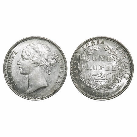 Victoria Queen, Silver, Rupee, 1840, DL, Calcutta Mint, W.W. raised, Wreath with 28 Berrie