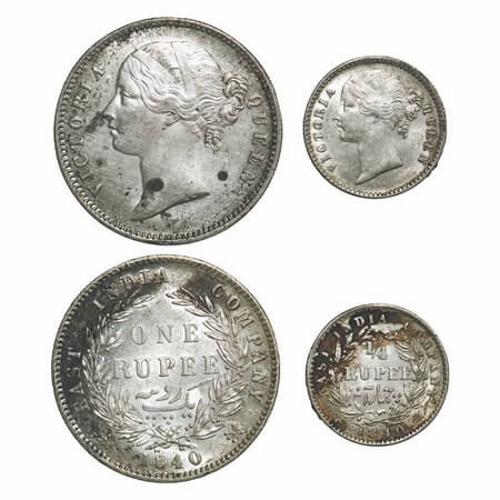Victoria Queen, Silver, 1840, (2 coins), DL, Calcutta Mint, 1) Rupee, W.W. raised, Wreath 