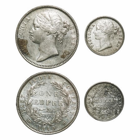 Victoria Queen, Silver, 1840, (2 coins), DL, 1) Rupee, Madras Mint, W.W. B raised, Wreath 