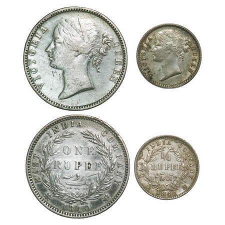 Victoria Queen, Silver, 1840, (2 coins), DL, 1) Rupee, Madras Mint, W.W. B. raised, Dot af