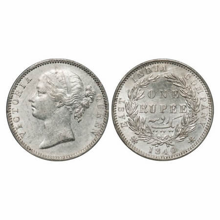 Victoria Queen, Silver, Rupee, 1840, DL, Madras Mint, W.W. 'B'. raised, (dot after B), Wre