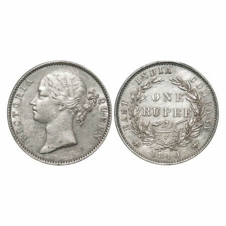 Victoria Queen, Silver, Rupee, 1840, DL, Madras Mint, W.W. 'S' raised, Wreath with 28 Berr