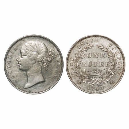 Victoria Queen, Silver, Rupee, 1840, DL, Madras Mint, W.W. 'S'. raised, Wreath with 28 Ber