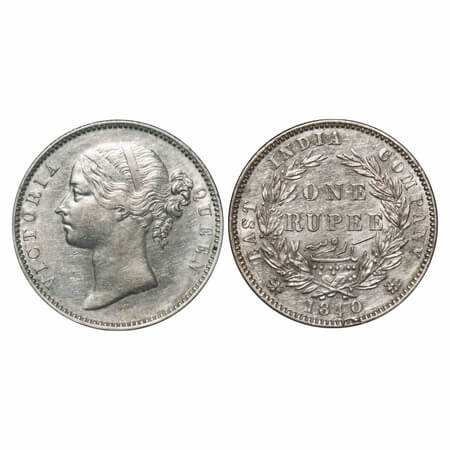 Victoria Queen, Silver, Rupee, 1840, DL, Madras Mint, W.W. 'S'. raised, Wreath with 28 Ber