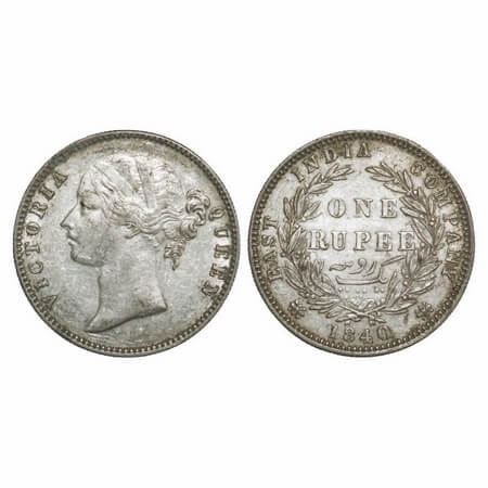 Victoria Queen, Silver, Rupee, 1840, DL, Madras Mint, W.W. 'S' raised, Wreath with 28 Berr