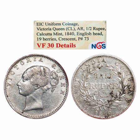 Victoria Queen, Silver, Half Rupee, 1840, CL, Calcutta Mint, A/I, English Head, Wreath wit