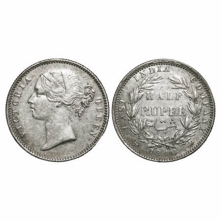 Victoria Queen, Silver, Half Rupee, 1840, DL, Calcutta Mint, .W.W raised, Wreath with 24 B