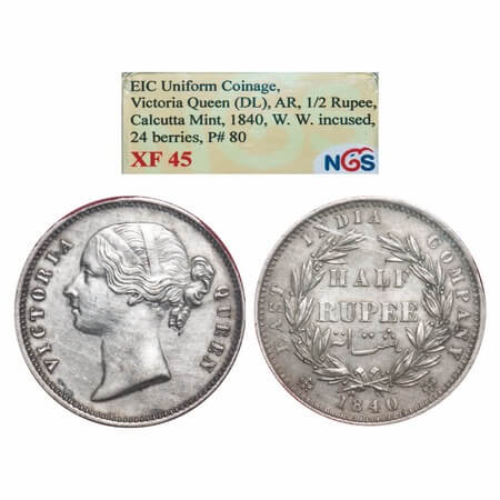 Victoria Queen, Silver, Half Rupee, 1840, DL, Calcutta Mint, .W.W raised, Wreath with 24 B