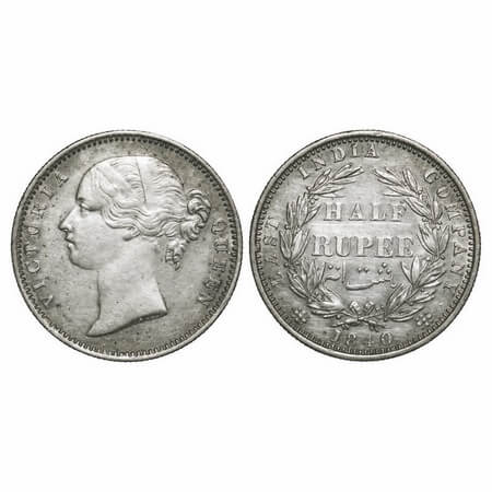 Victoria Queen, Silver, Half Rupee, 1840, DL, Madras Mint, 'S' raised, .W.W incused, Wreat