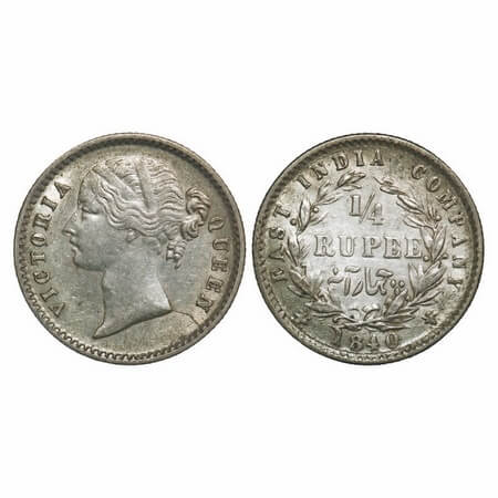 Victoria Queen, Silver, 1/4 Rupee, 1840, DL, Calcutta Mint, W.W. raised, Wreath with 10 Be