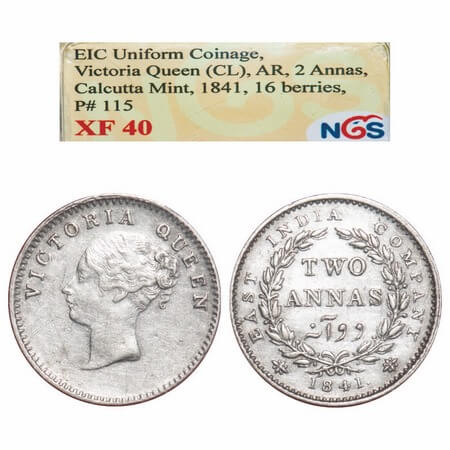Victoria Queen, Silver, 2 Annas, 1841, CL, Calcutta Mint, A(a)/I, Plain edge, Curl of hair