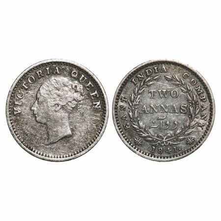 Victoria Queen, Silver, 2 Annas, 1841, CL, Madras Mint, A(a)/I, 'S' incused, Plain edge, W