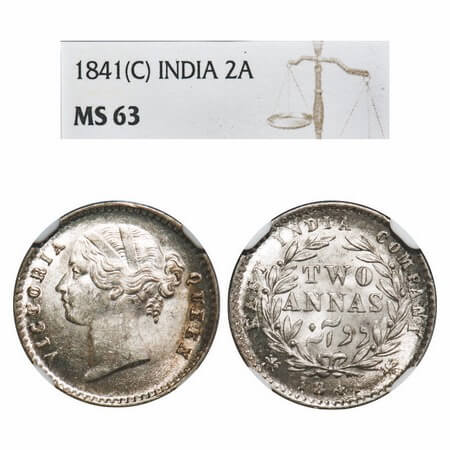 Victoria Queen, Silver, 2 Annas, 1841, DL, Calcutta Mint, W.W. raised, Wreath with 9 Berri