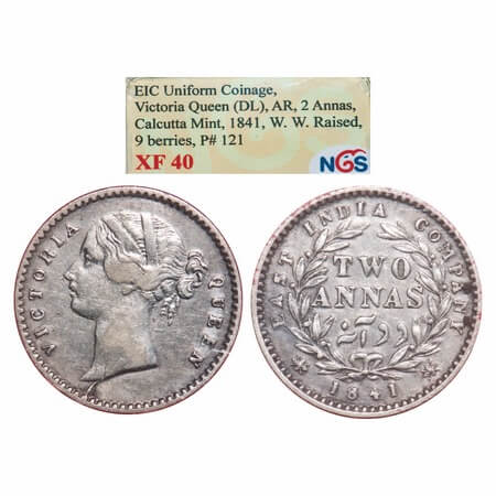 Victoria Queen, Silver, 2 Annas, 1841, DL, Calcutta Mint, W.W. raised, Wreath with 9 Berri