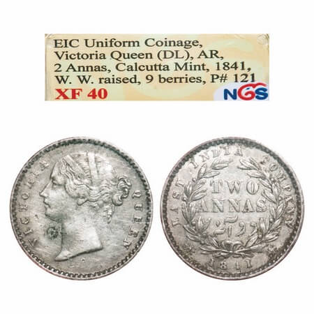 Victoria Queen, Silver, 2 Annas, 1841, DL, Calcutta Mint, W.W. raised, Wreath with 9 Berri