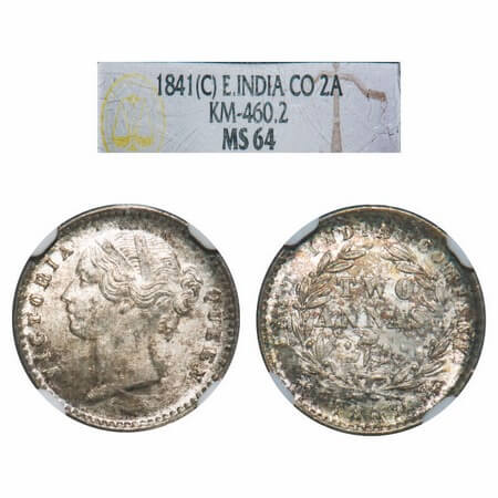 Victoria Queen, Silver, 2 Annas, 1841, DL, Calcutta Mint, W.W. raised, Wreath with 9 Berri