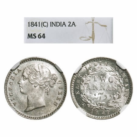 Victoria Queen, Silver, 2 Annas, DL, 1841, Calcutta Mint, W.W. raised, Wreath with 9 Berri