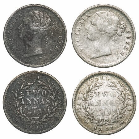 Victoria Queen, Silver, 2 Annas, 1841, (2 coins), DL, Calcutta Mint, W.W. raised, Wreath w
