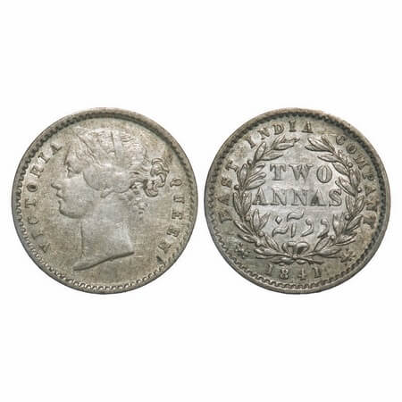 Victoria Queen, Silver, 2 Annas, 1841, DL, Madras Mint, 'S' incused, W.W. raised, Wreath w