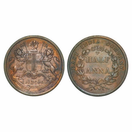 Victoria Queen, Copper, Half Anna, 1845, Calcutta Mint, Obv B, Wreath with 19 Berries (10L