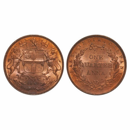 Victoria Queen, Copper, Quarter Anna, 1858, J. Watt & Co., Birmingham Mint, Single leaf, Y