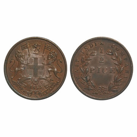 Victoria Queen, Copper, 1/2 Pice, 1853, Calcutta Mint, B/I, Wreath with 19 Berries (10L + 