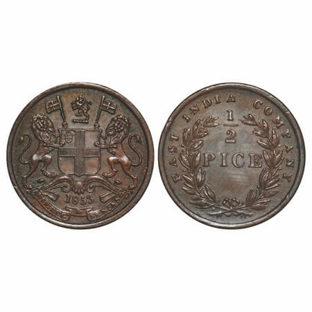 Victoria Queen, Copper, 1/2 Pice, 1853, Calcuta Mint, B/I, Wreath with 19 Berries (10L + 9