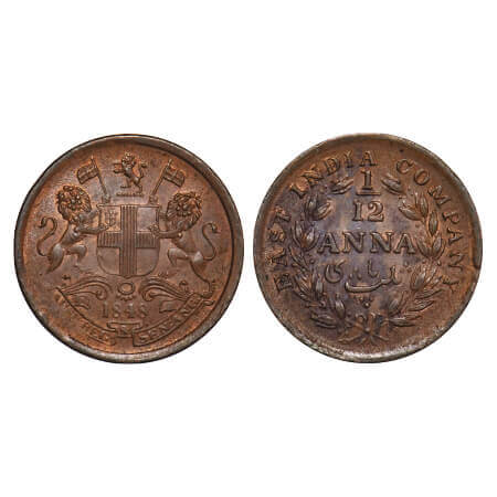Victoria Queen, Copper, 1/12 Anna, 1848, Calcutta Mint, wreath with 23 Berries (13L + 10R)