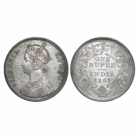 Victoria Queen, Silver, Rupee, 1862, Calcutta Mint, A/II(i), With initial 'J', Pineapple l