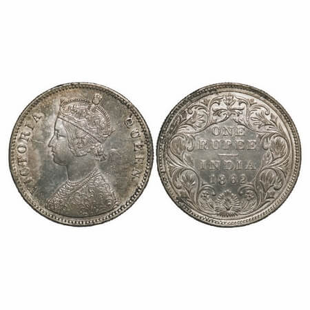 Victoria Queen, Silver, Rupee, 1862, Calcutta Mint, A/II(iii), With initial 'j', With Pine
