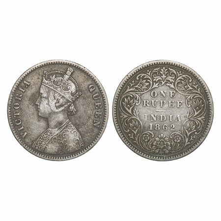 Victoria Queen, Silver, Rupee, 1862, Calcutta Mint, A/III, w/o initial 'J'. F. Prid 65. GK