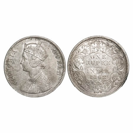 Victoria Queen, Silver, Rupee, 1862, Calcutta Mint, A/III, w/o initial 'J'. F. Prid 65. GK