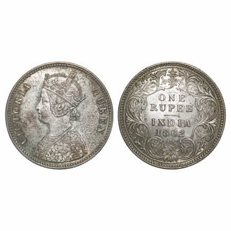 Victoria Queen, Silver, Rupee, 1862, Calcutta Mint, A/1, With initial 'J'. F. Prid 66. GK 