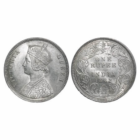 Victoria Queen, Silver, Rupee, 1862, Calcutta Mint, A/I, With initial 'J', Ghost on Rev. F