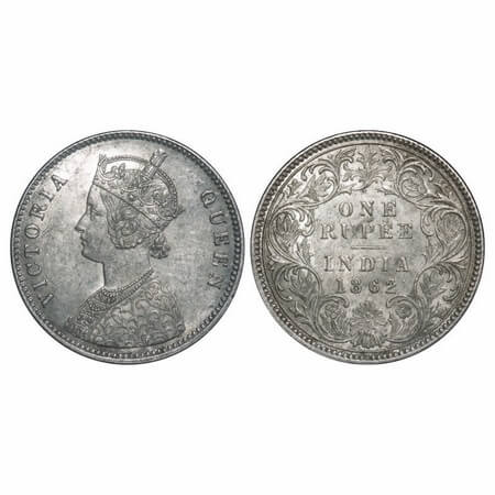 Victoria Queen, Silver, Rupee, 1862, Calcutta Mint, A/I, With initial 'J'. F. Prid 66. GK 