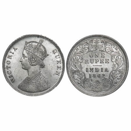 Victoria Queen, Silver, Rupee, 1862, Calcutta Mint, A/I, w/o initial 'J'. F. Prid 66. GK 2