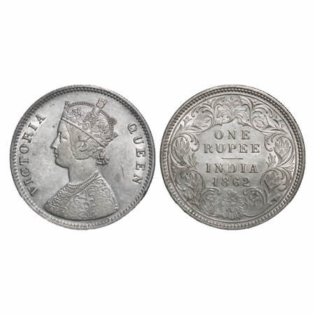 Victoria Queen, Silver, Rupee, 1862, Calcutta Mint, A/I, w/o initial 'J'. F. Prid 66. GK 2