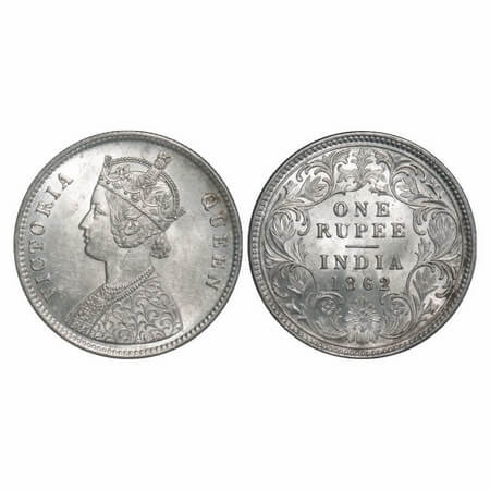 Victoria Queen, Silver, Rupee, 1862, Calcutta Mint, A/I, w/o initial 'J', Mechanical die d