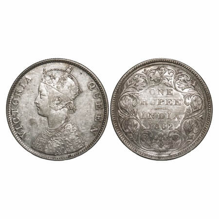Victoria Queen, Silver, Rupee, 1862, Madras Mint, B/II/0/0, With enclosed frame effect and